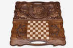 Detail of the scrollwork framing the carved wolf