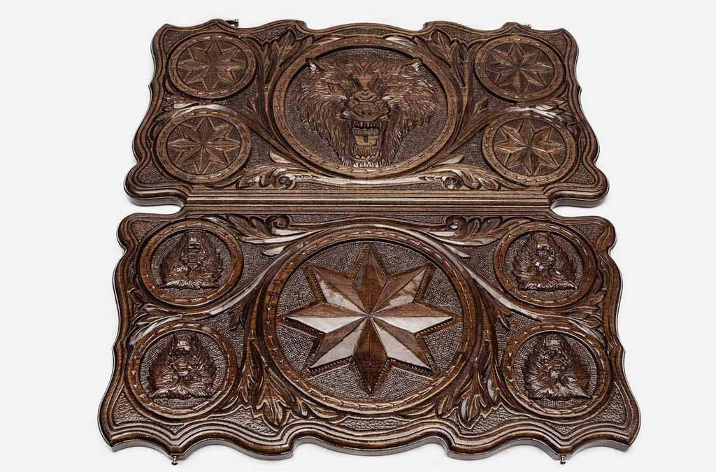 Walnut backgammon set interior with carved points