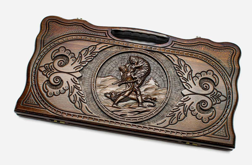 Carved beechwood backgammon board with Samson wrestling the lion, propped open