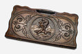 Carved beechwood backgammon board with Samson wrestling the lion, propped open