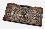 Carved beechwood backgammon board with Samson wrestling the lion, propped open