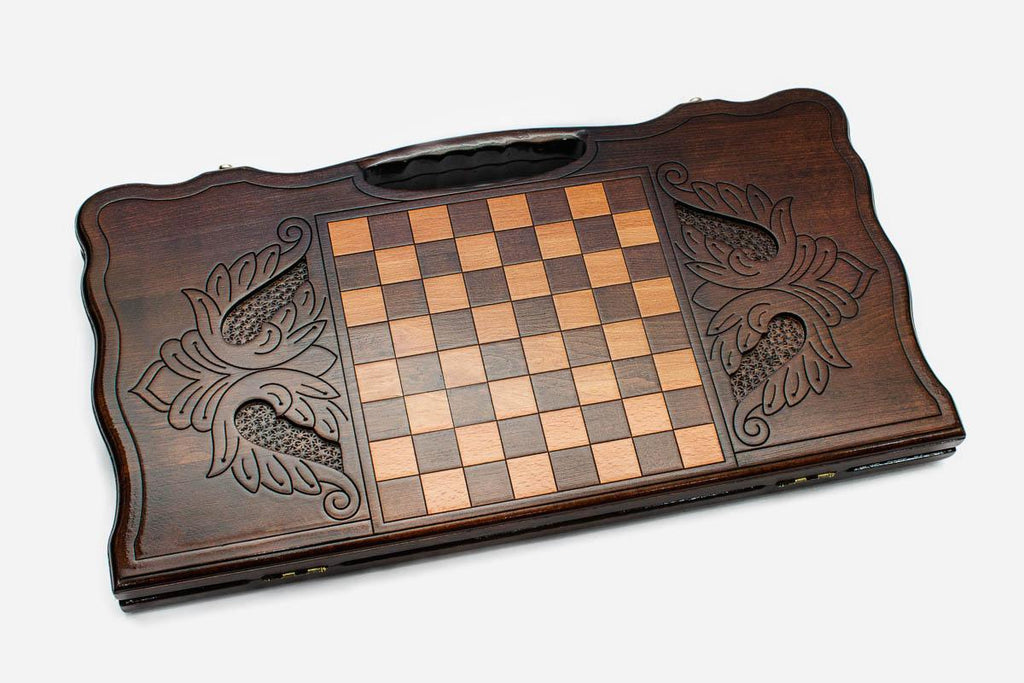 Angled view of the Samson and the lion carved backgammon board