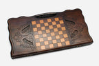 Angled view of the Samson and the lion carved backgammon board