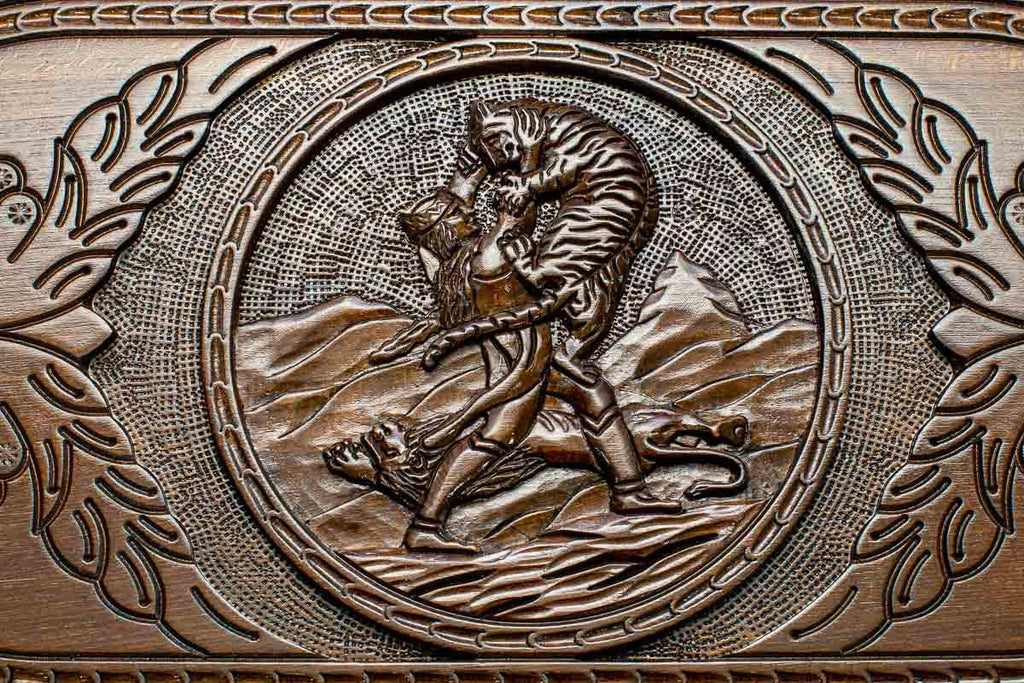 Close-up of the carved Samson and lion