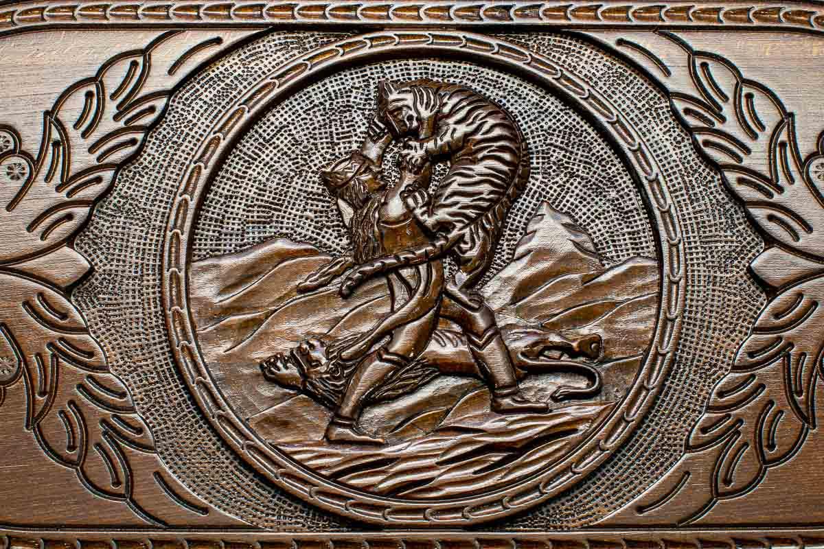 Close-up of the carved Samson and lion
