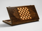 Detail of the wood grain and carving on the backgammon board