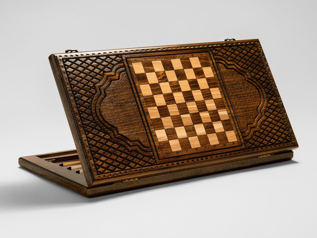 Detail of the wood grain and carving on the backgammon board