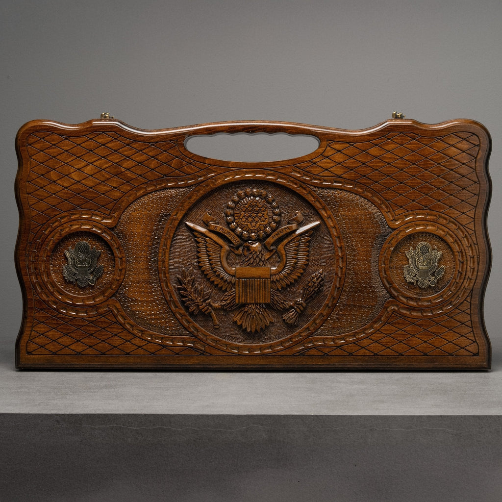 Handcrafted Backgammon Board Featuring US Seal Patriotic Design