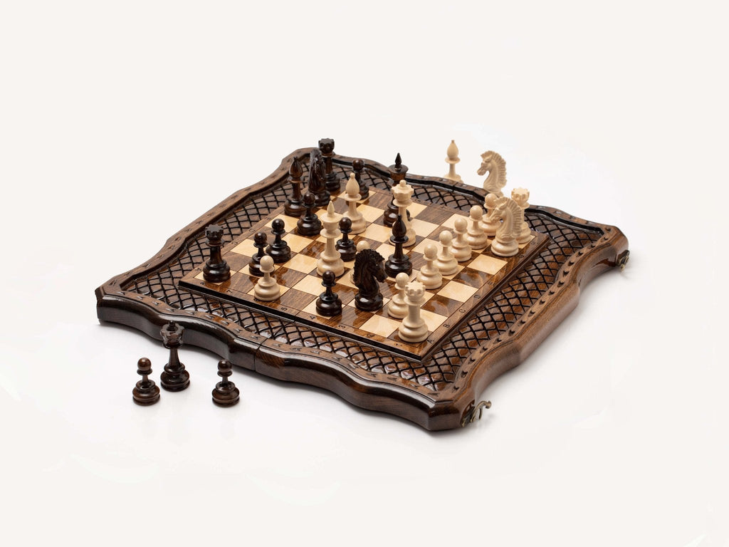 Detail of the carving on the wooden chess set