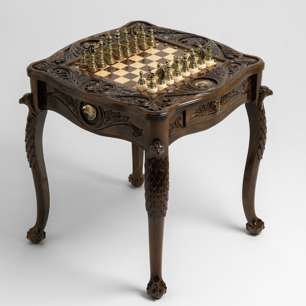 Top-down view of the chessboard with brass pieces