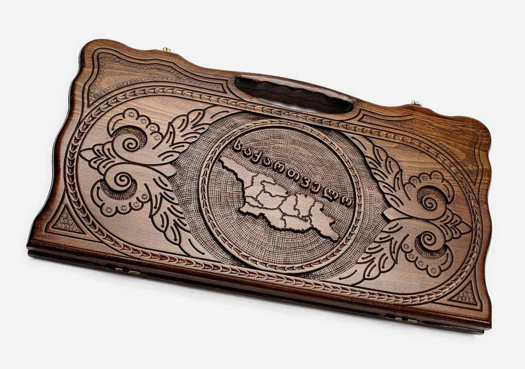 Carved beechwood backgammon board with the map of Georgia in an oval frame, propped open