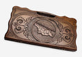 Carved beechwood backgammon board with the map of Georgia in an oval frame, propped open