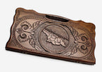 Carved beechwood backgammon board with the map of Georgia in an oval frame, propped open