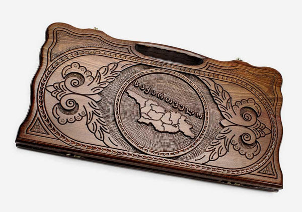Carved beechwood backgammon board with the map of Georgia in an oval frame, propped open