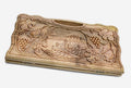 Carved walnut backgammon board with Mount Ararat, Khor Virap monastery and grapevines, propped open