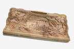 Carved walnut backgammon board with Mount Ararat, Khor Virap monastery and grapevines, propped open