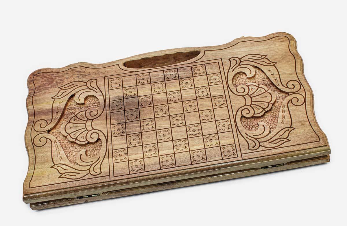 Angled view of the Ararat and Khor Virap grapevine walnut backgammon board