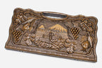 Carved beechwood backgammon board with Mount Ararat, a monastery, grapes and pomegranates, propped open