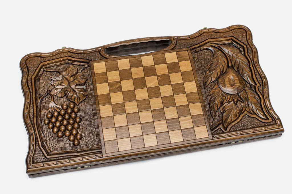 Angled view of the Mount Ararat harvest carved backgammon board