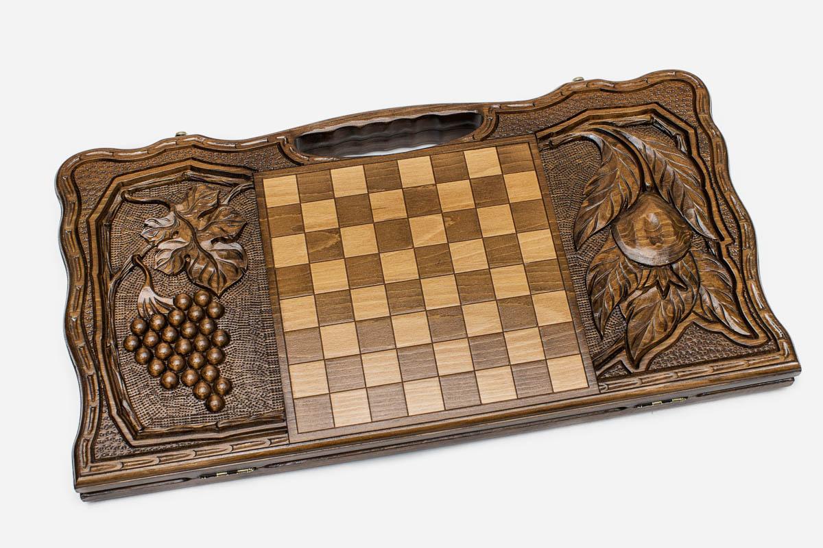 Angled view of the Mount Ararat harvest carved backgammon board