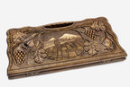 Carved beechwood backgammon board with Mount Ararat and grapevines, propped open