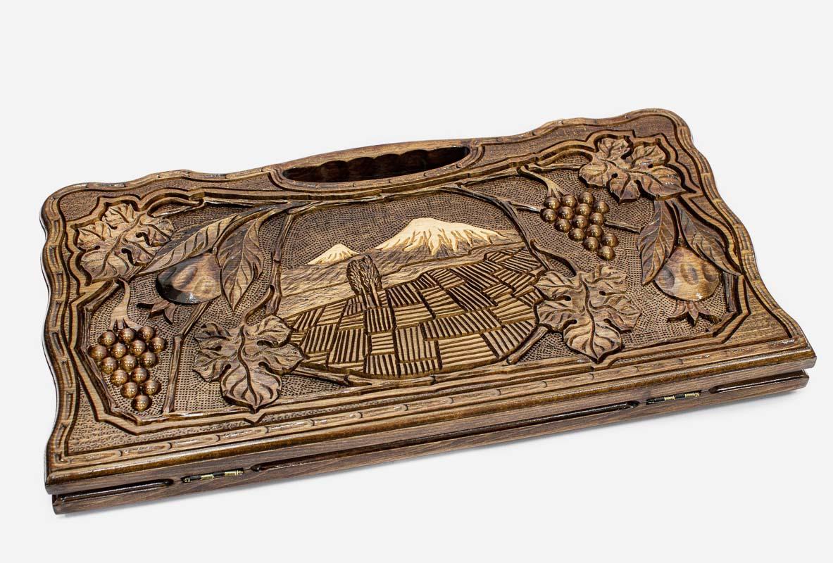 Carved beechwood backgammon board with Mount Ararat and grapevines, propped open