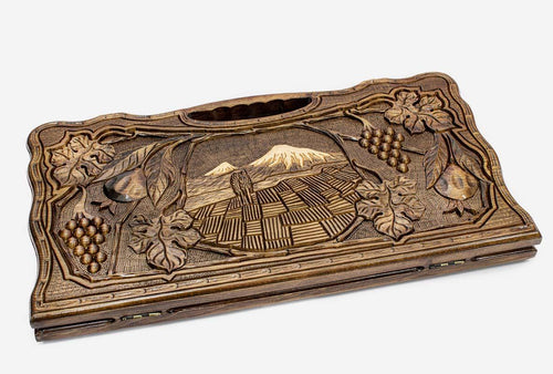 Carved beechwood backgammon board with Mount Ararat and grapevines, propped open