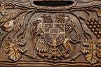 The backgammon board opened to show the wooden playing surface