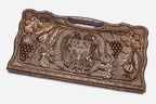 Carved beechwood backgammon board with the Armenian coat of arms and grapevines, propped open