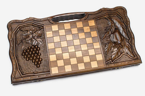 Angled view of the Armenian coat of arms grapevine backgammon board