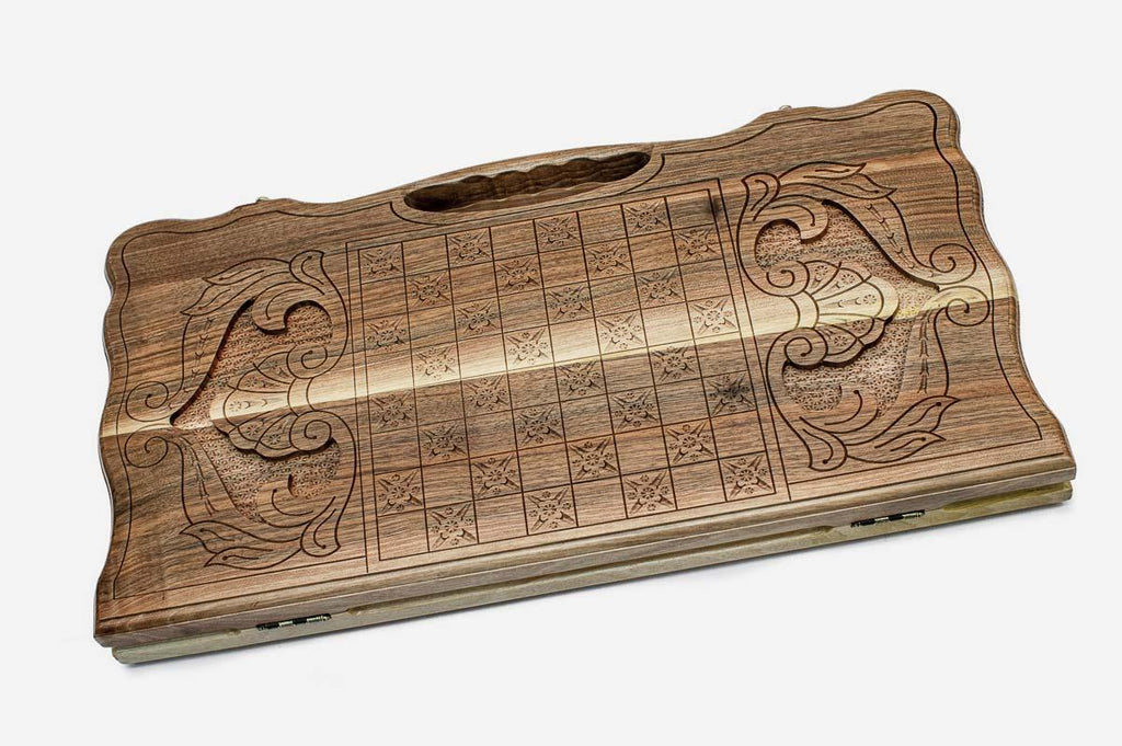 Angled view of the Armenian coat of arms walnut backgammon board