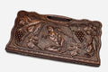 Carved beechwood backgammon board with David of Sasun on horseback amid grapes, propped open