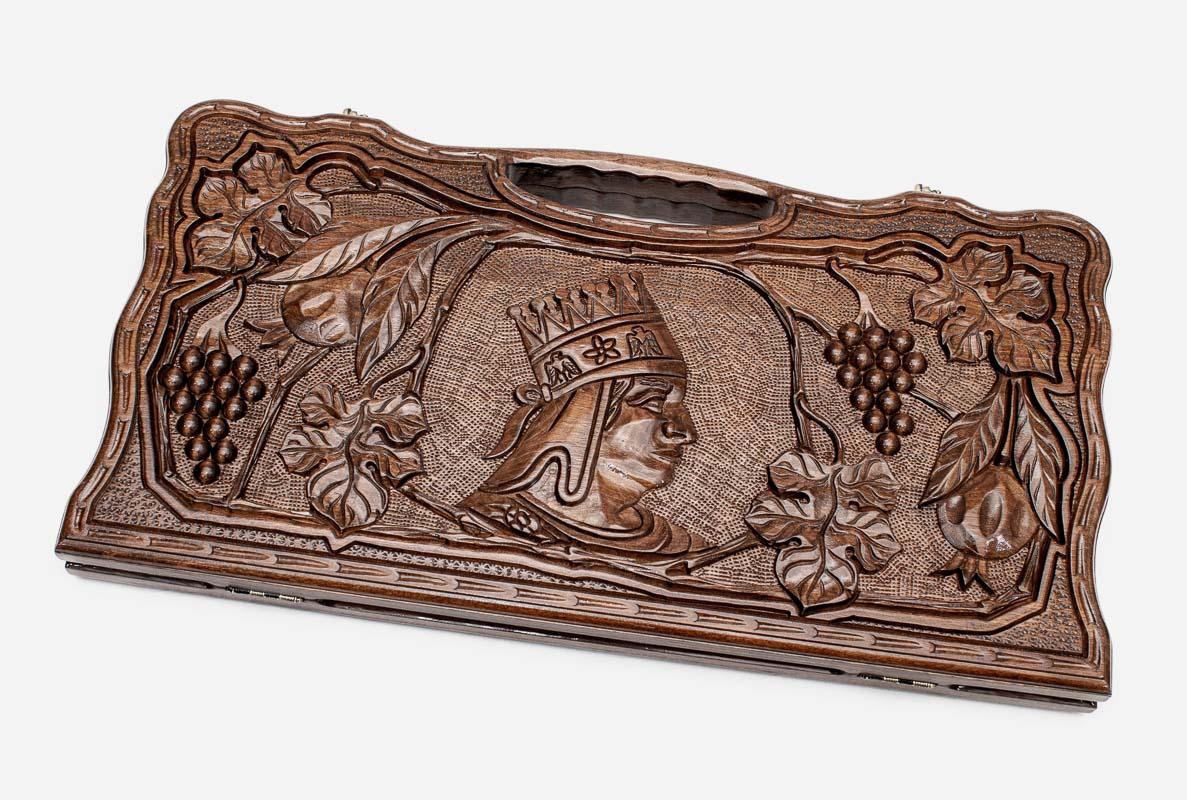 Carved beechwood backgammon board with King Tigran the Great, propped open