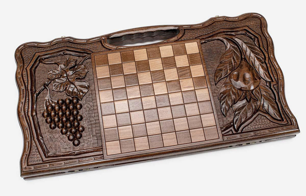 Angled view of the King Tigran the Great carved backgammon board