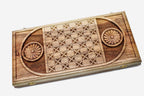 Angled view of the oval Mount Ararat master walnut backgammon board