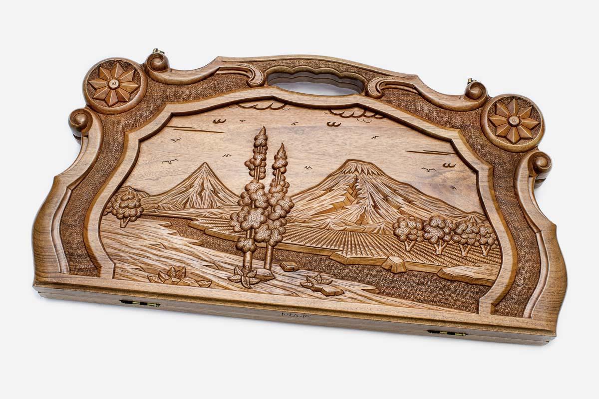 Master-carved walnut backgammon board with an ornately framed Mount Ararat landscape, propped open
