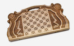 Angled view of the ornate Mount Ararat master walnut backgammon board