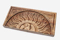 Master-carved walnut backgammon board with a radiant sun, propped open