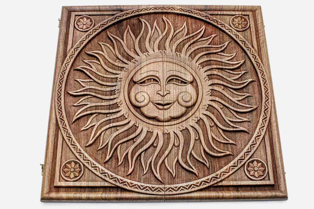 Close-up of the carved sun face