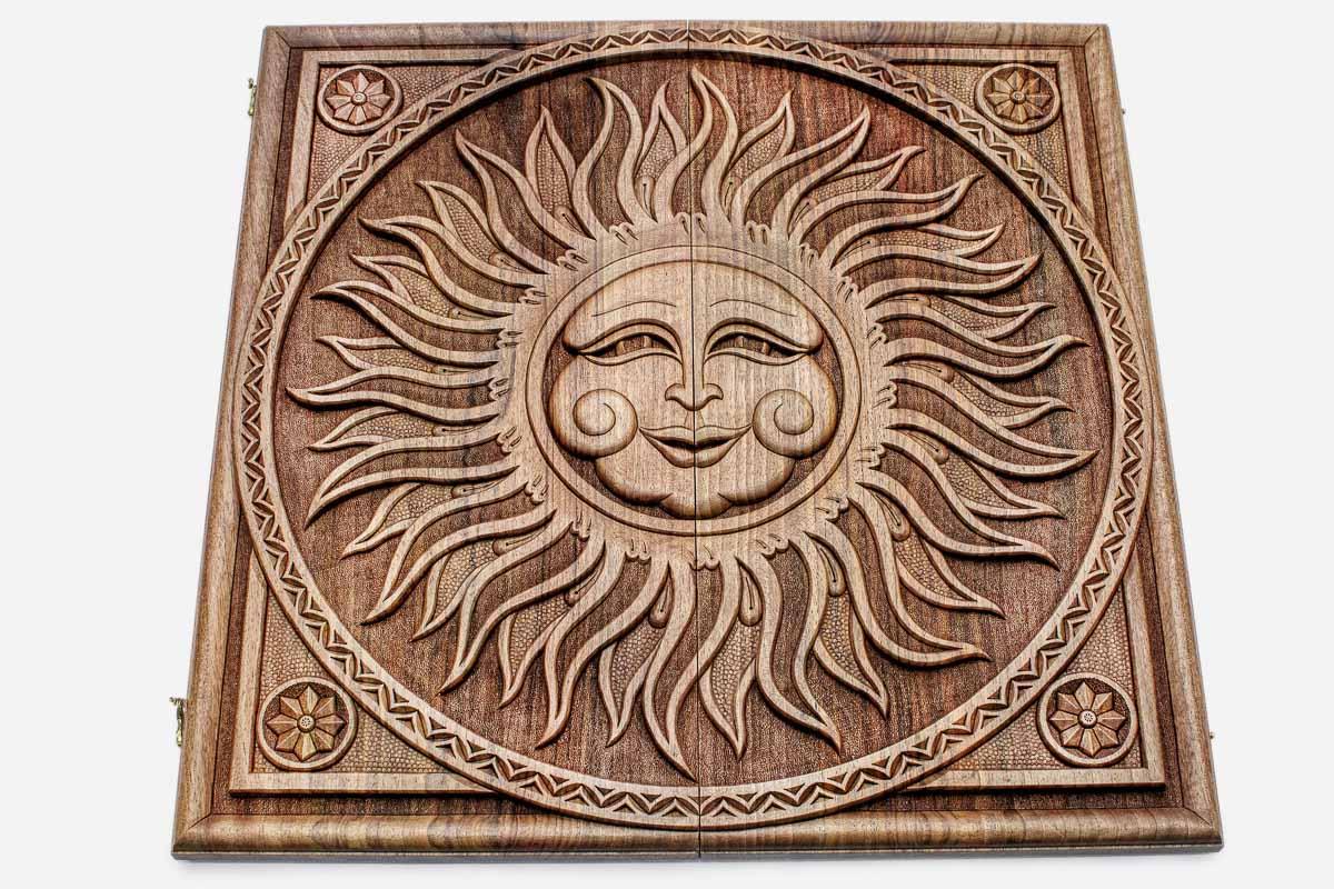 Close-up of the carved sun face