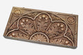 Master-carved walnut backgammon board with a pomegranate ornament, propped open