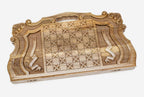 Angled view of the royal lion master walnut backgammon board