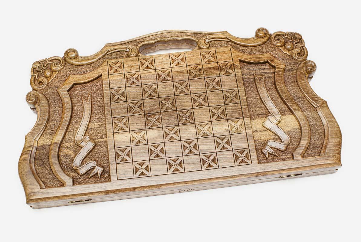 Angled view of the royal lion master walnut backgammon board