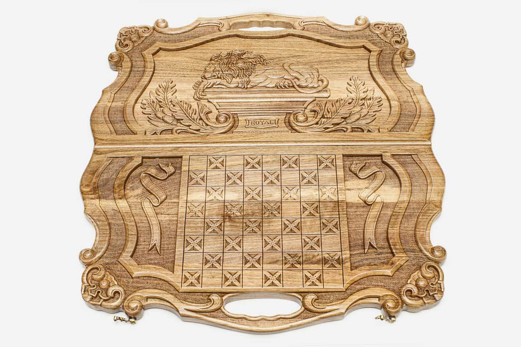 Detail of the carved laurel branches and Royal banner