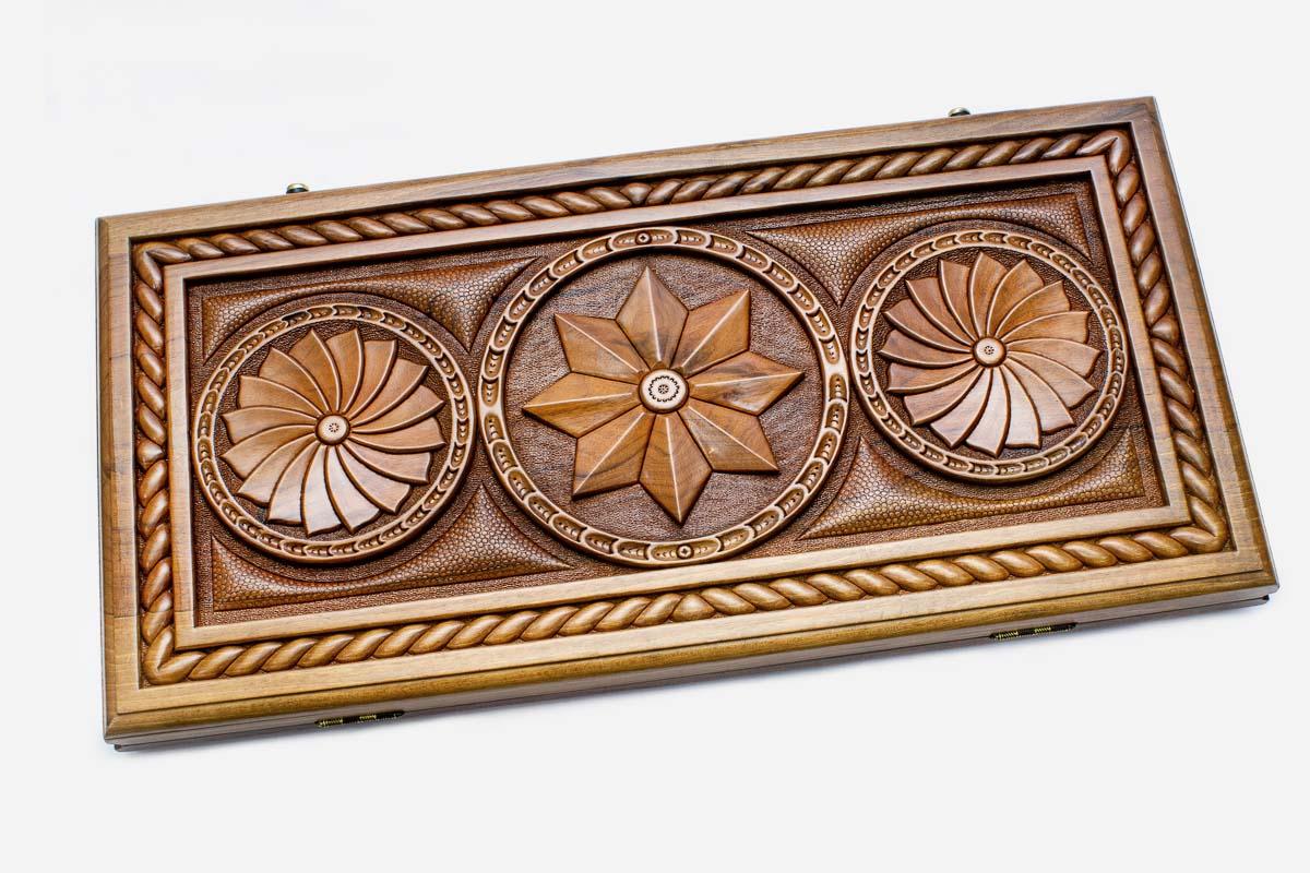 Angled view of the octagon infinity master walnut backgammon board