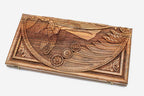 Master-carved walnut backgammon board with a winged cherub, propped open
