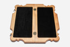 Overhead view of the full set of 32 pieces on the maple and walnut playing field