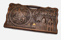 Carved beechwood backgammon board with the Armenian coat of arms, name and landmarks, propped open