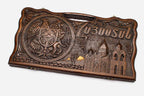 Carved beechwood backgammon board with the Armenian coat of arms, name and landmarks, propped open