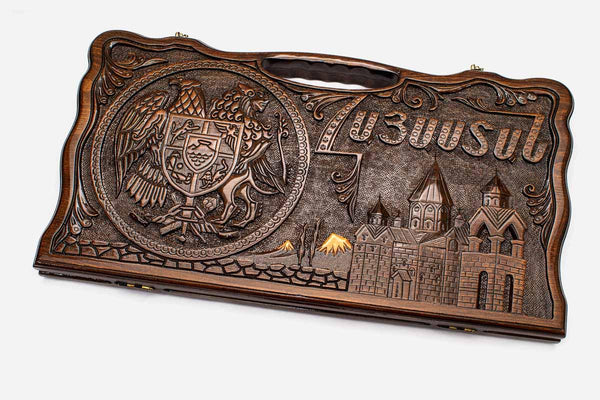 Carved beechwood backgammon board with the Armenian coat of arms, name and landmarks, propped open